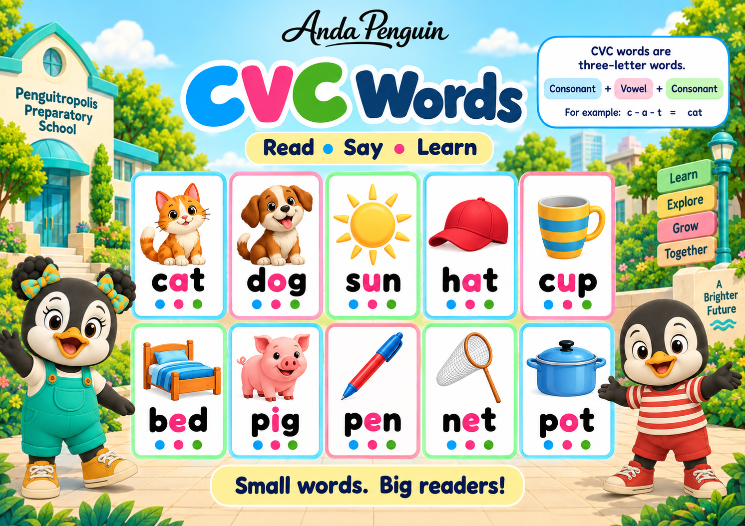 Anda Penguin CVC word learning artwork with illustrated English words including cat, dog and sun