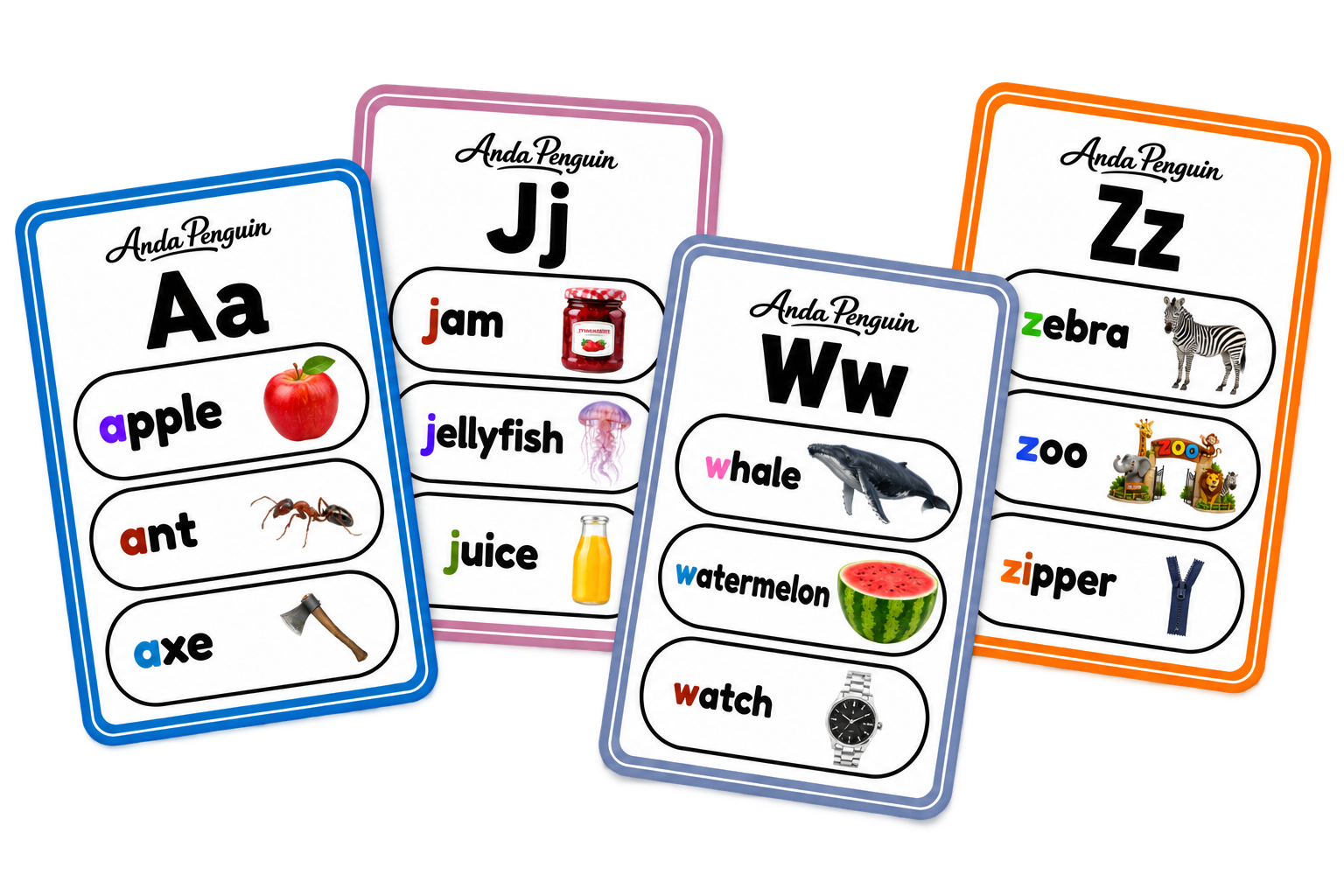 Anda Penguin English alphabet flashcards featuring apple, jam, whale and zebra